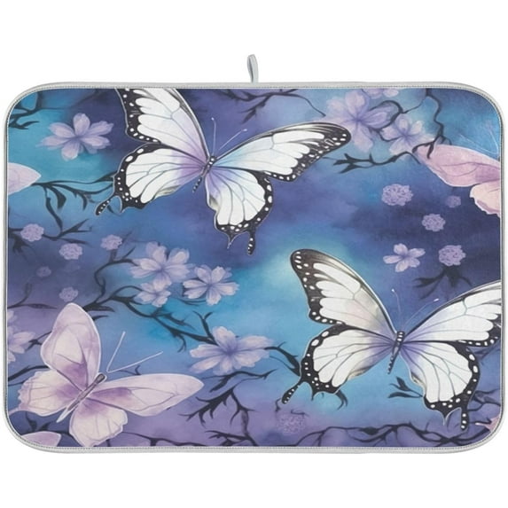 Coolnut Butterfly Flowers Purple Dish Drying Mat for Kitchen Counter, Ultra Absorbent Reversible Microfiber Dishes Drying Rack Pad Heat-resistant Mats 18x24in Home Decor