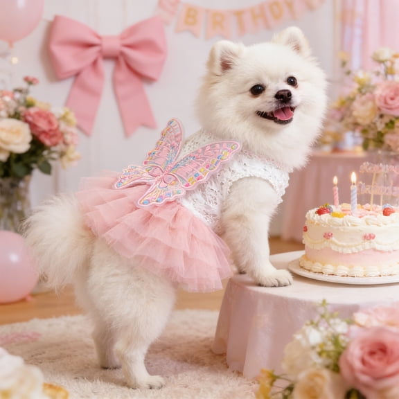 Butterfly Dog Dress with Pink Tutu, Funny Dog Clothes with Wing, Girl Puppy Dress, Pet Butterfly Costume Holiday Cat Outfit for Halloween Birthday Wedding (Pink, M)