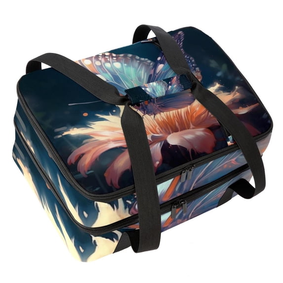 Butterfly Double Layered Insulated Lunch Bag with Two Compartments, Large Capacity, Hand Carry, 7.1x11.4x16.1 Inches, Refrigerated - Ideal for Work and School