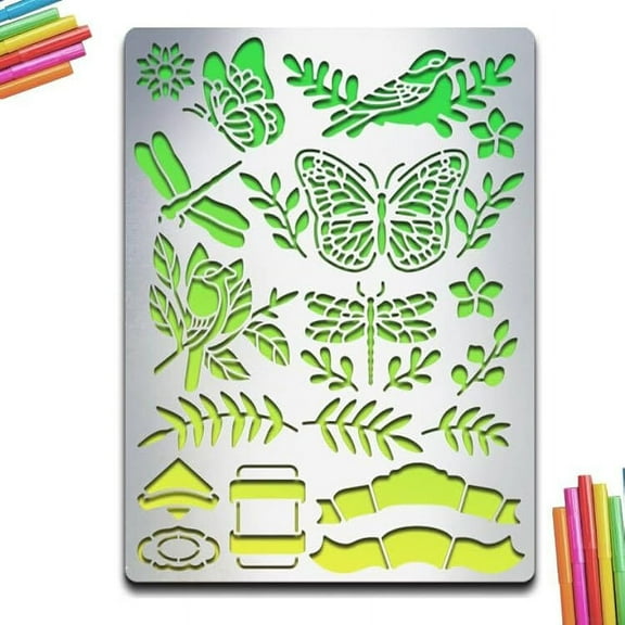 Butterfly Dragonfly Metal Stencil Bird Plant Note Journal Stencil 5.5×7.5inch Reusable Retro Stainless Steel Stencil for Scrapbooking DIY Craft Album Paper Card Decor