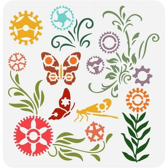 Butterfly Dragonfly Stencil 11.8x11.8 inch Reusable Steampunk Gear Style Garden Painting Template Flower Vine DIY Craft Stencil