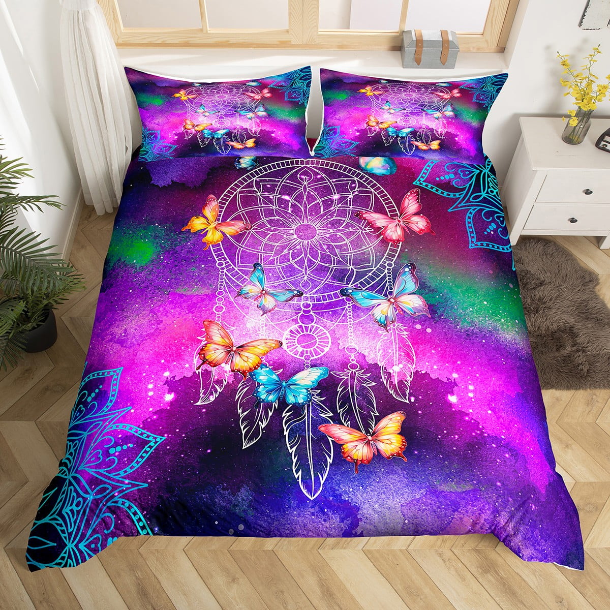 Butterfly Dream Catcher Comforter Cover Twin, Mandala Feather Duvet