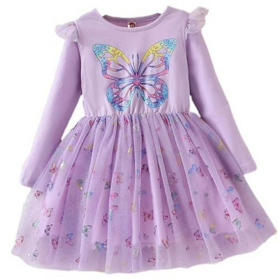 Butterfly Dress for Girls Casual Long Sleeve Flutter Printed Tulle Tutu Dresses Cute Party Princess Kids Fall Clothes Purple 6 Years