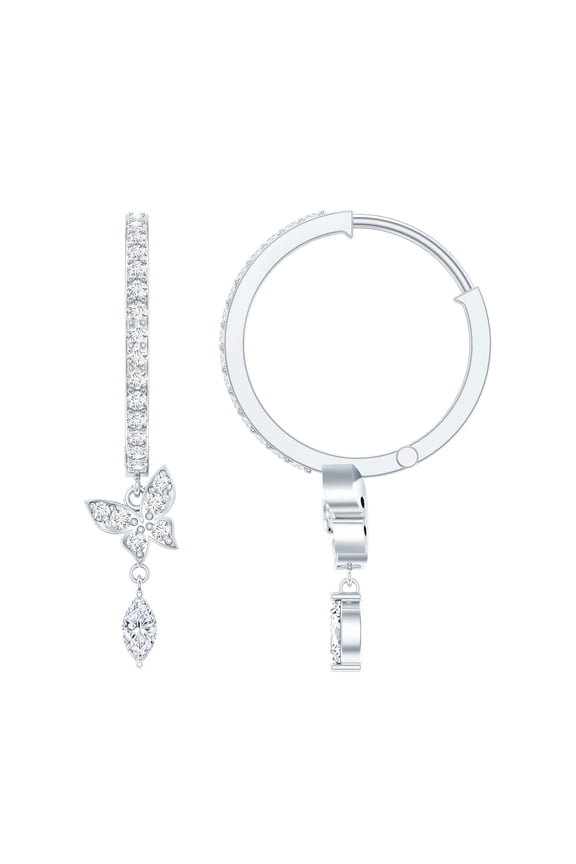 Natural Diamond Butterfly Drop Earrings - HI-SI Quality - Diamond Hoop Earrings for Women - with Jewelry Box, 10K White Gold