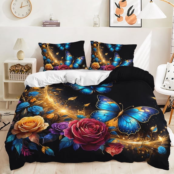 Butterfly Duvet Cover Set, 3 Pieces Printed Floral Butterfly Comforter Cover Set,Beautiful Blue Butterfly Quilt Cover Set, 1 Duvet Cover with 2 Pillowcases