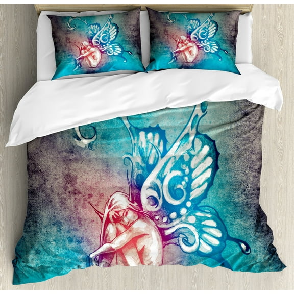 Butterfly Duvet Cover Set, with Butterfly Wings Renewal Female Rebirth Psyche Lightness of Being, Decorative 3 Piece Bedding Set with 2 Pillow Shams, Calking Size, Blue Purple, by Ambesonne