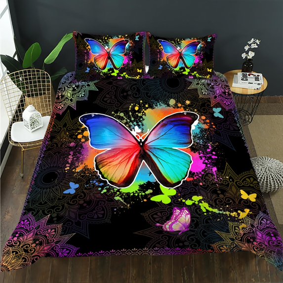Butterfly Duvet Cover Set, Colorful Butterfly Bedding Set for Kids Girls,Bohemian Style Comforter Cover,Glow Butterfly Duvet Cover,3 Pieces,1 Quilt Cover and 2 Pillowcases