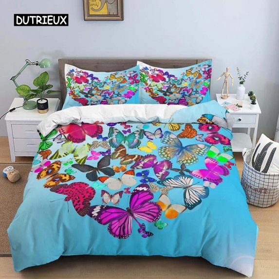 Butterfly Duvet Cover Set Colorful Butterfly Heart Shape Comforter Cover Spring Fresh Style Animal Polyester Bedding Set Girls