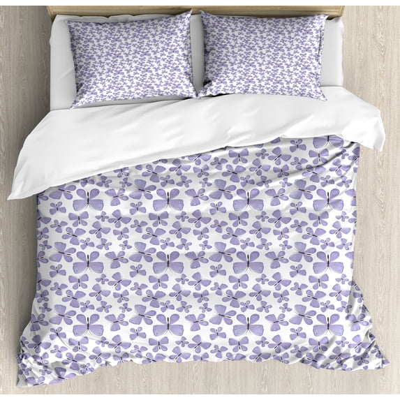 Butterfly Duvet Cover Set, Continuous Pattern of Monotone Abstract Winged Delicate Animal, Decorative 3 Piece Bedding Set with 2 Pillow Shams, King Size, Lavender Blue and Dark Grey, by Ambesonne