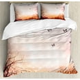 thumbnail image 1 of Butterfly Duvet Cover Set, Dreamy Butterflies over Trees Romantic Fantasy Blurry Sky Design, Decorative 3 Piece Bedding Set with 2 Pillow Shams, Queen Size, Pale Pink Orange, by Ambesonne, 1 of 3
