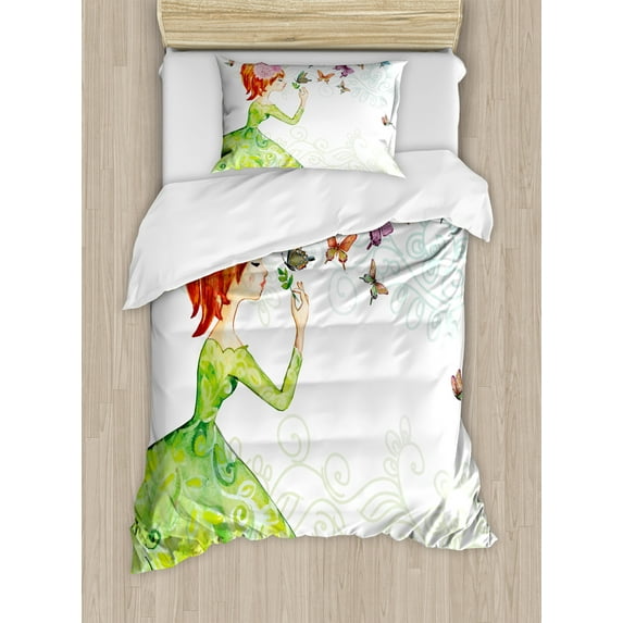 Butterfly Duvet Cover Set, Floral Lady in Green Dress Leaf Ornaments Flower Pastel Winged Bug, Decorative 2 Piece Bedding Set with 1 Pillow Shams, Twin Size, Pink Orange Green, by Ambesonne