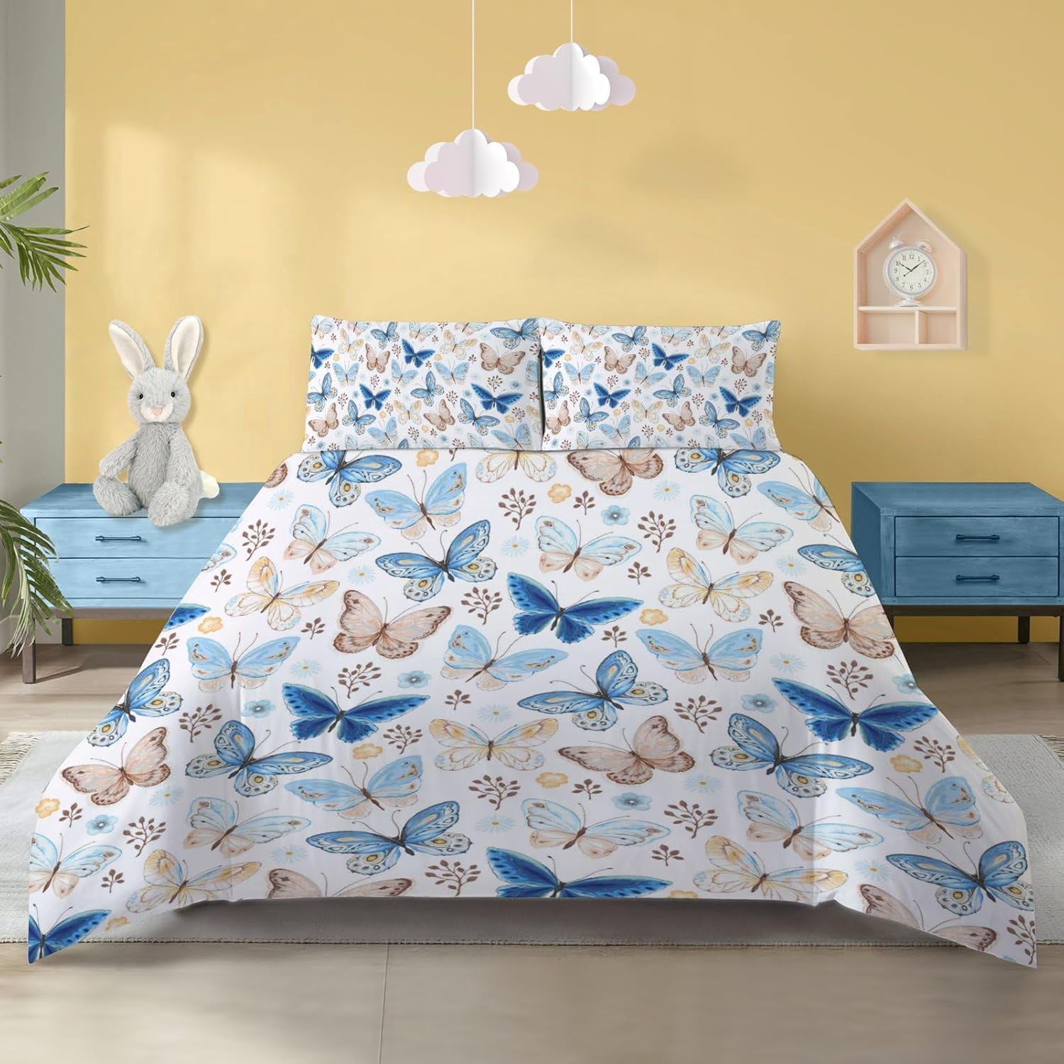 Butterfly Duvet Cover Set Full Size - Blue and Brown Bedding for Kids ...