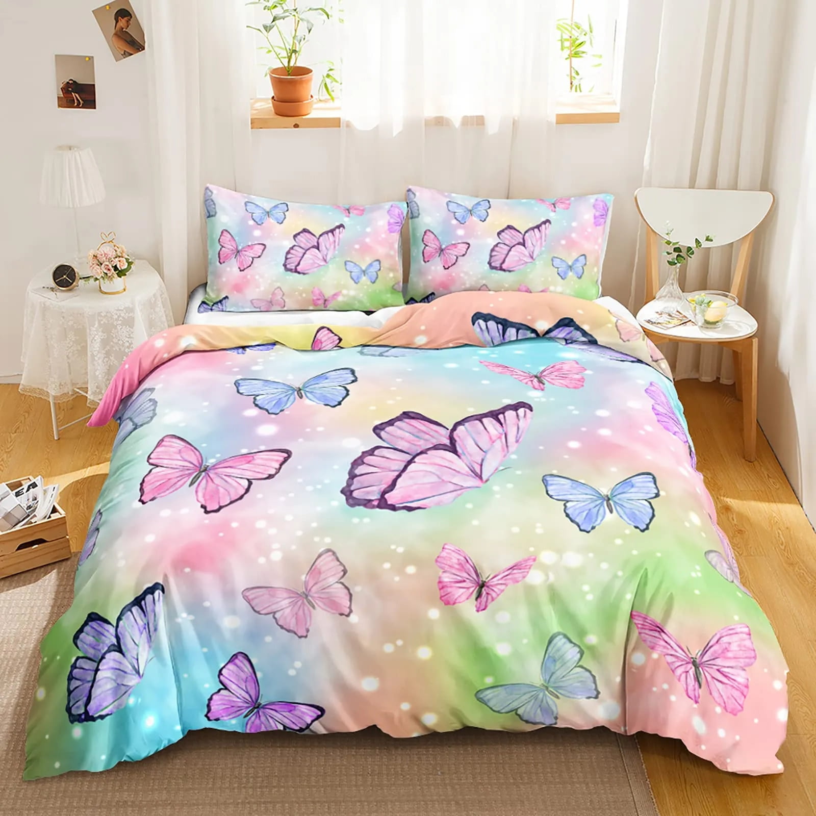 Butterfly Duvet Cover Set Full Size Rainbow Butterfly Bedding Set for