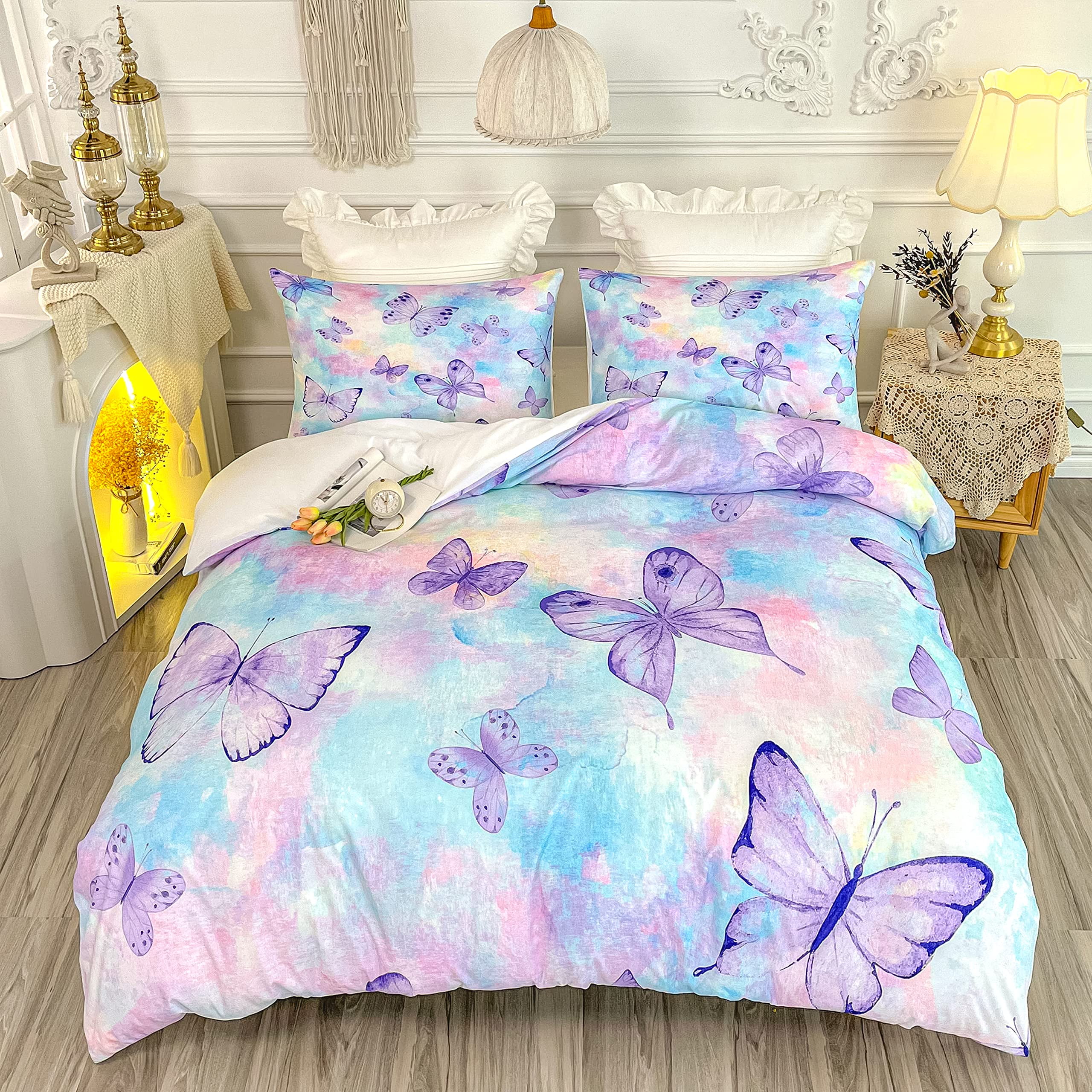 Butterfly Duvet Cover Set Full Size Rainbow Butterfly Bedding Set for