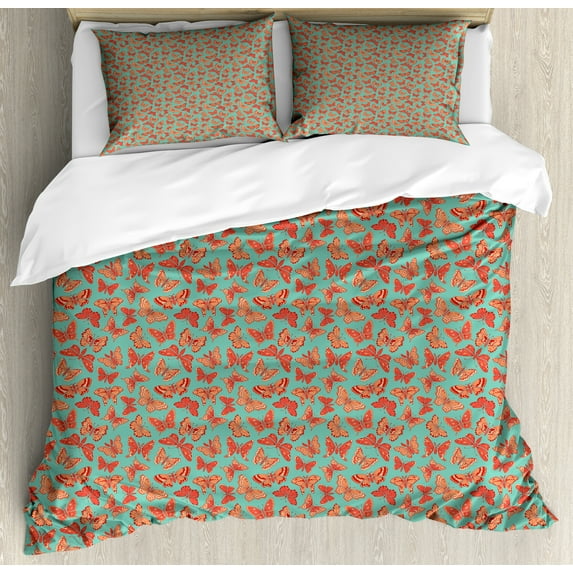 Butterfly Duvet Cover Set, Insects in Tangerine Tones on a Striped Background, Decorative 3 Piece Bedding Set with 2 Pillow Shams, King Size, Vermilion Sea Green, by Ambesonne