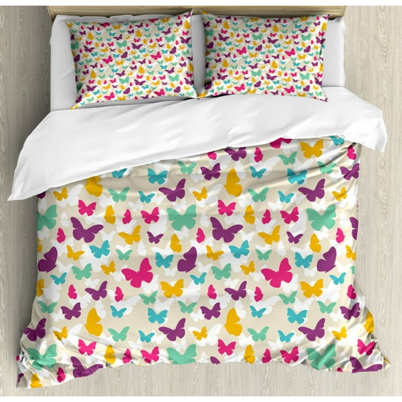 Butterfly Duvet Cover Set King Size, Colorful Flying Butterfly Silhouettes Fantasy Dreamy Spring Nature Wildlife Theme, Decorative 3 Piece Bedding Set with 2 Pillow Shams, Multicolor, by Ambesonne