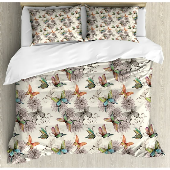 Butterfly Duvet Cover Set King Size, Flying Animals Hand Drawn Watercolor Effect Image Soft Color Palette Wildflowers, Decorative 3 Piece Bedding Set with 2 Pillow Shams, Multicolor, by Ambesonne
