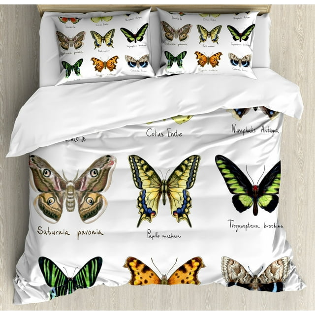 Butterfly Duvet Cover Set King Size, Watercolor Style Spring Insects Urania Helius Saturnia Pavonia Animal Design, Decorative 3 Piece Bedding Set with 2 Pillow Shams, Multicolor, by Ambesonne