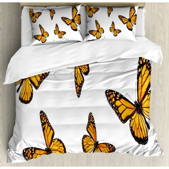 Butterfly Duvet Cover Set, Monarch Moth Delicate Creature with Wings on Plain Backdrop, Decorative 3 Piece Bedding Set with 2 Pillow Shams, King Size, Earth Yellow Orange, by Ambesonne