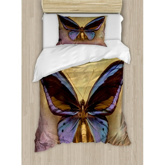 Butterfly Duvet Cover Set, Monarch Butterfly Vintage British Grunge Victorian Photography Art Theme Print, Decorative 2 Piece Bedding Set with 1 Pillow Shams, Twin Size, Multicolor, by Ambesonne