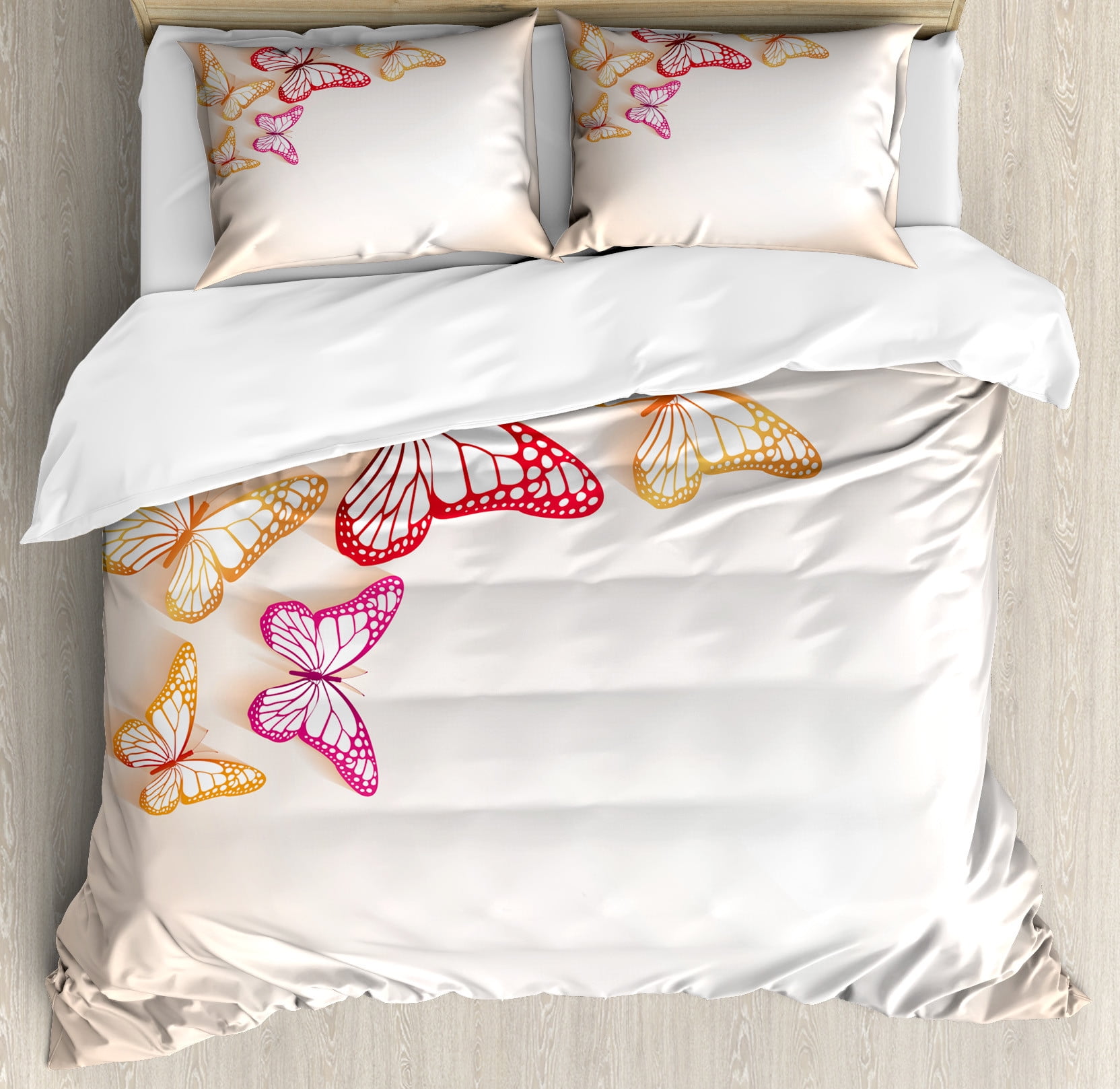 Queen Butterfly Print Beige and Red Duvet Cover Set