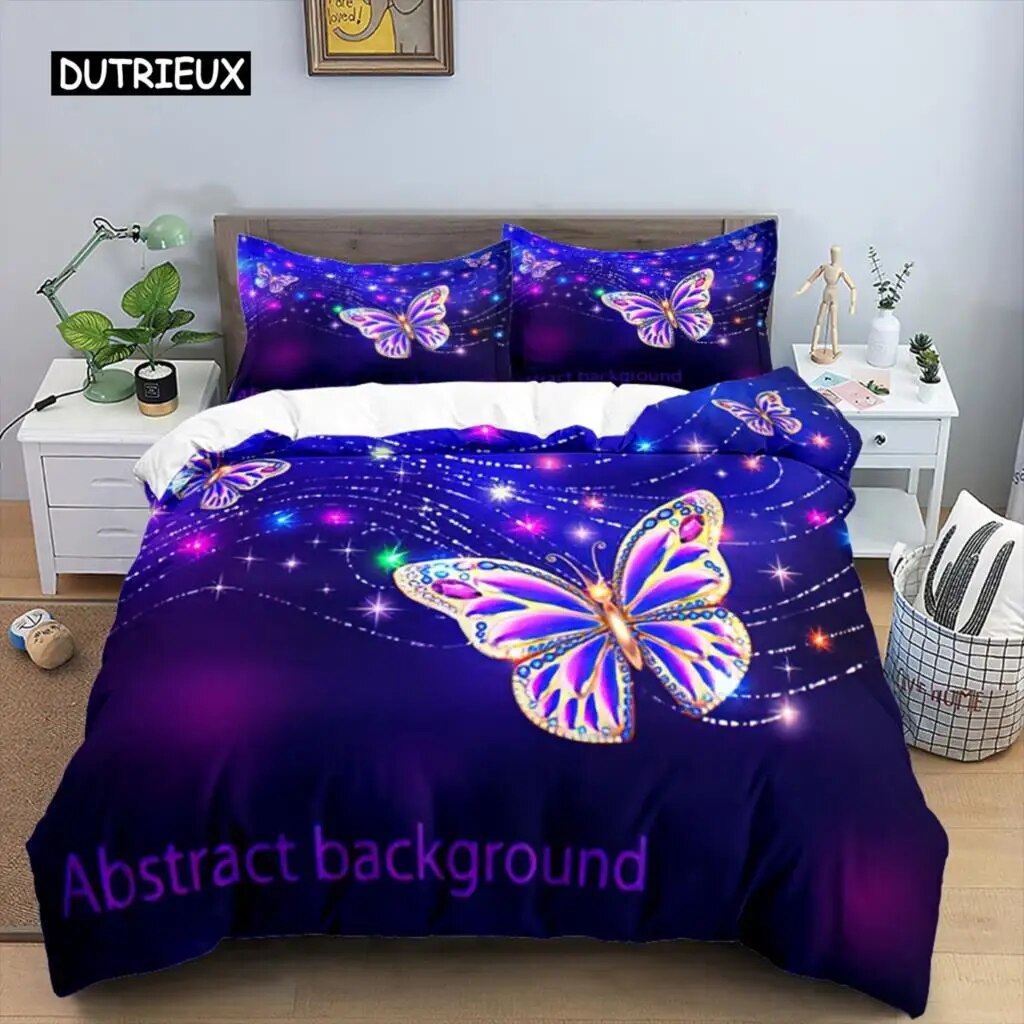 Butterfly Duvet Cover Set Polyester 3D Purple Butterfly Bedding Set
