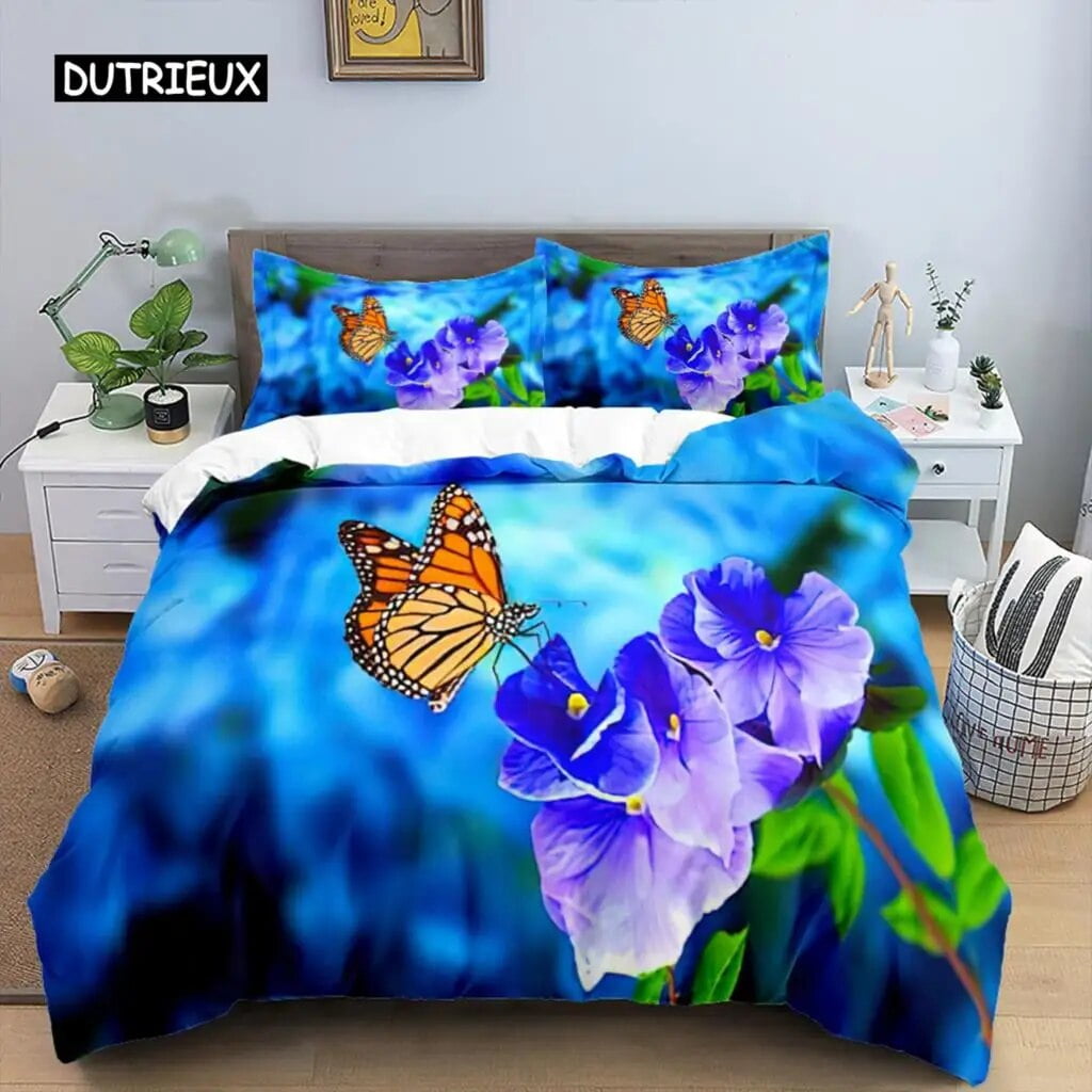 Butterfly Duvet Cover Set Polyester 3D Purple Butterfly Bedding Set