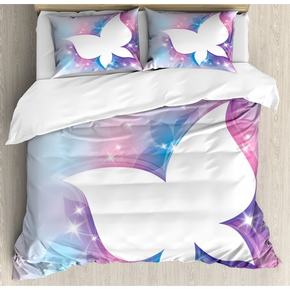 Butterfly Duvet Cover Set Queen Size, Abstract Floral White Butterfly Silhouette on a Magical Spring Meadow Print, Decorative 3 Piece Bedding Set with 2 Pillow Shams, White Pink Blue, by Ambesonne