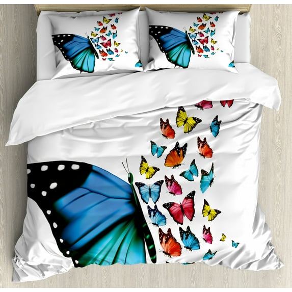 Butterfly Duvet Cover Set Queen Size, Creative Conceptual Artwork Monarch Wings Colorful Realistic Natural Wildlife, Decorative 3 Piece Bedding Set with 2 Pillow Shams, Multicolor, by Ambesonne