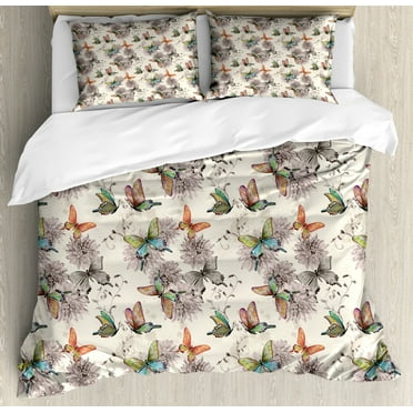 Butterfly Duvet Cover Set Queen Size, Flying Animals Hand Drawn Watercolor Effect Image Soft Color Palette Wildflowers, Decorative 3 Piece Bedding Set with 2 Pillow Shams, Multicolor, by Ambesonne