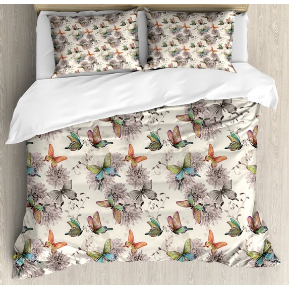 Butterfly Duvet Cover Set Queen Size, Flying Animals Hand Drawn Watercolor Effect Image Soft Color Palette Wildflowers, Decorative 3 Piece Bedding Set with 2 Pillow Shams, Multicolor, by Ambesonne