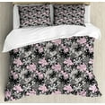 thumbnail image 1 of Butterfly Duvet Cover Set Queen Size, Ornamental Romantic Summer Vegetation Vibrant Backdrop Monochrome Animals, Decorative 3 Piece Bedding Set with 2 Pillow Shams, Taupe Pink Black, by Ambesonne, 1 of 3