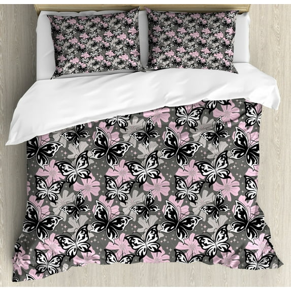 Butterfly Duvet Cover Set Queen Size, Ornamental Romantic Summer Vegetation Vibrant Backdrop Monochrome Animals, Decorative 3 Piece Bedding Set with 2 Pillow Shams, Taupe Pink Black, by Ambesonne