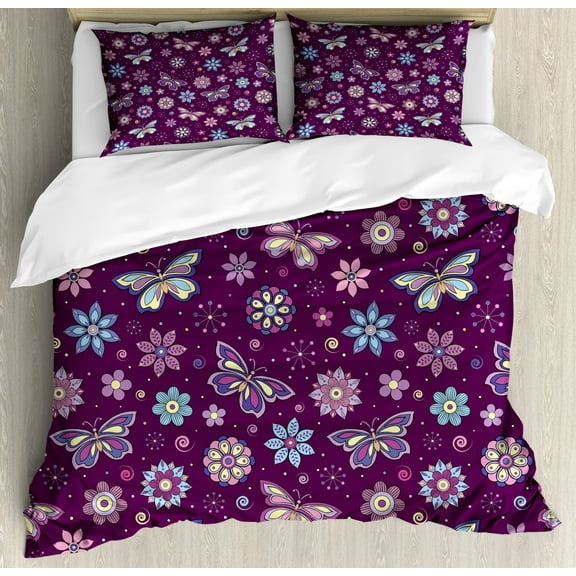 Butterfly Duvet Cover Set Queen Size, Vortex Shapes with Polka Dots Background Flower Pattern Colorful Animal Design, Decorative 3 Piece Bedding Set with 2 Pillow Shams, Multicolor, by Ambesonne