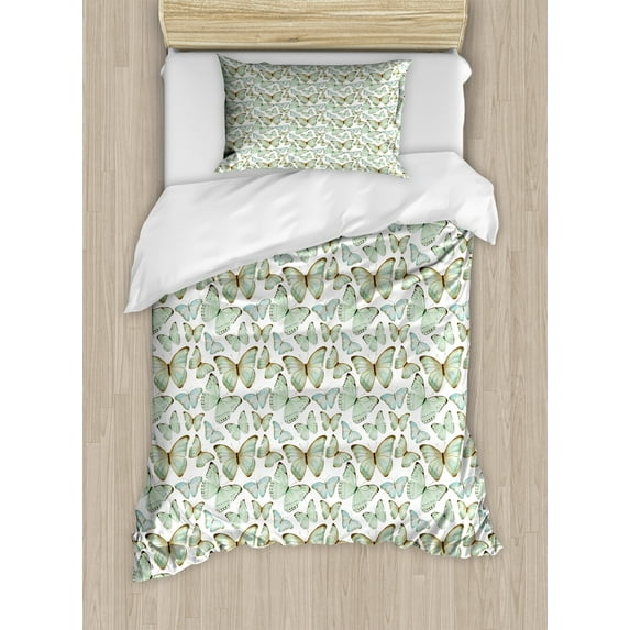 Butterfly Duvet Cover Set, Repeating Illustration of Detailed Watercolor Like Spring Animal, Decorative 2 Piece Bedding Set with 1 Pillow Shams, Twin Size, White Pale Green and Brown, by Ambesonne