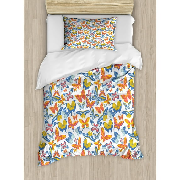 Butterfly Duvet Cover Set, Repetitive Style Spring Insects Flying Creatures on Plain Backdrop, Decorative 2 Piece Bedding Set with 1 Pillow Shams, Twin Size, Coral Yellow and Blue, by Ambesonne