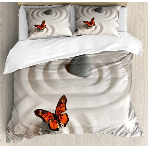 Butterfly Duvet Cover Set, Rock on the Sand Butterfly Serenity Life Cycle Nature Theme, Decorative 3 Piece Bedding Set with 2 Pillow Shams, Calking Size, Beige Orange, by Ambesonne