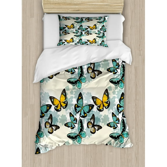 Butterfly Duvet Cover Set, Romantic Design Illustration with Bicolor Insects on Floral Silhouettes, Decorative 2 Piece Bedding Set with 1 Pillow Shams, Twin Size, Eggshell Multicolor, by Ambesonne