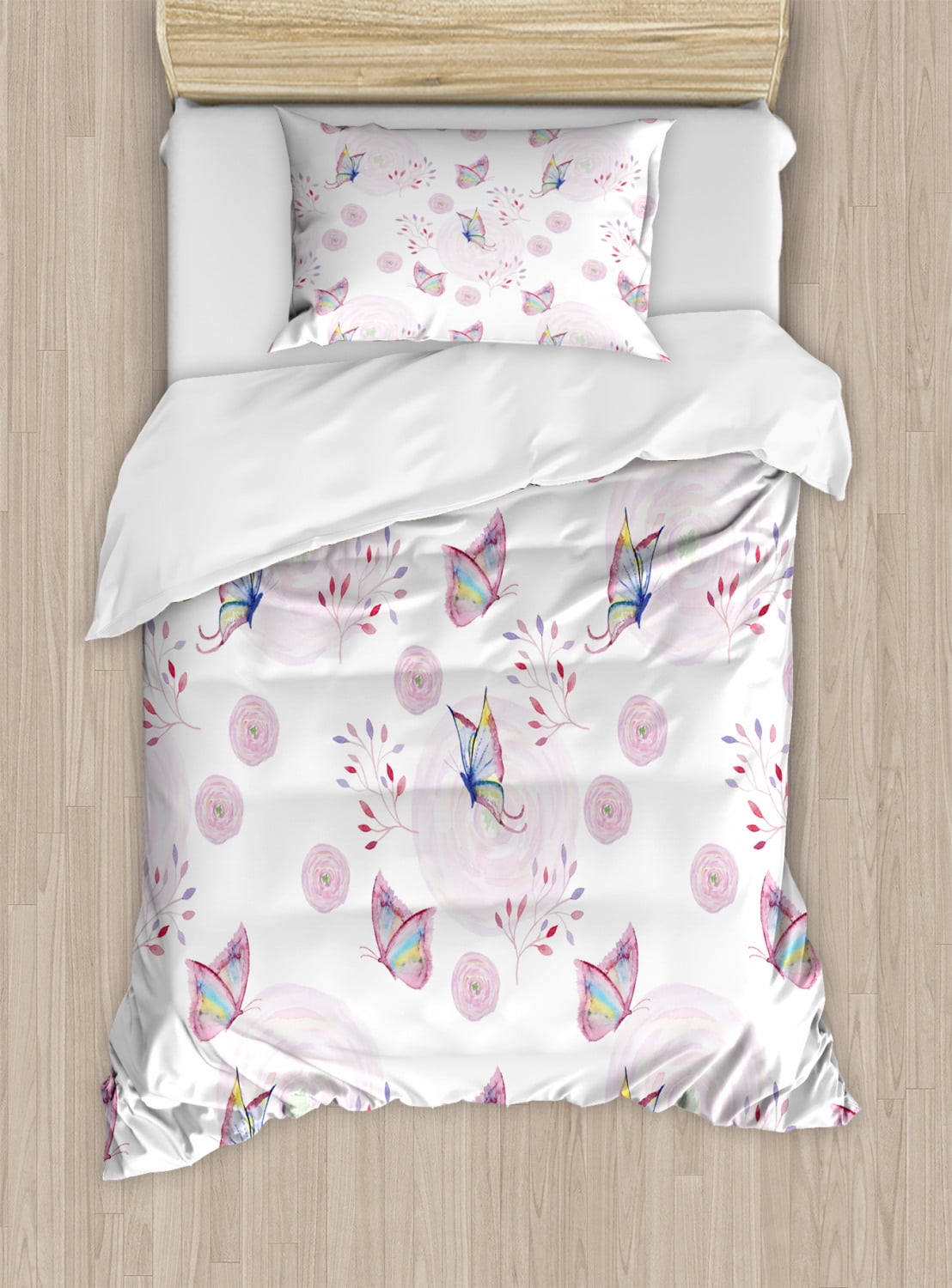 Pink and White Butterfly Twin Duvet Cover Set
