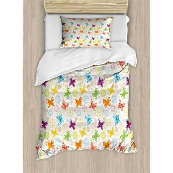 Butterfly Duvet Cover Set Twin Size, Cartoon Style Animal Silhouette with Flower Patterned Background Vibrant Image, Decorative 2 Piece Bedding Set with 1 Pillow Sham, Multicolor, by Ambesonne