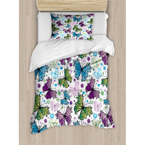 Butterfly Duvet Cover Set Twin Size, Colorful Spring Season Animals with Ornamental Wings Hearts and Dots Illustration, Decorative 2 Piece Bedding Set with 1 Pillow Sham, Multicolor, by Ambesonne