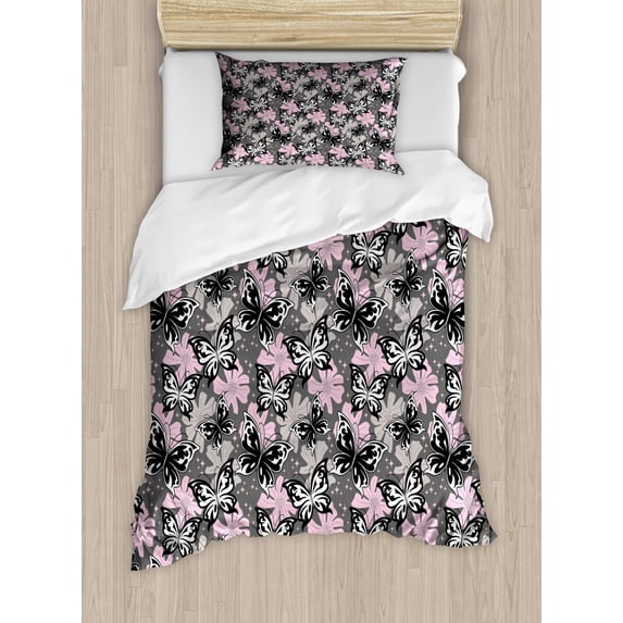 Butterfly Duvet Cover Set Twin Size, Ornamental Romantic Summer Vegetation Vibrant Backdrop Monochrome Animals, Decorative 2 Piece Bedding Set with 1 Pillow Sham, Taupe Pink Black, by Ambesonne