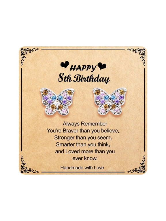 Butterfly Earrings as 8 Year Old Birthday Gifts for Granddaughter Daughter Niece Earrings,8th Birthday Christmas Valentines Gifts for woman Hypoallergenic Screw Back Stud Earrings
