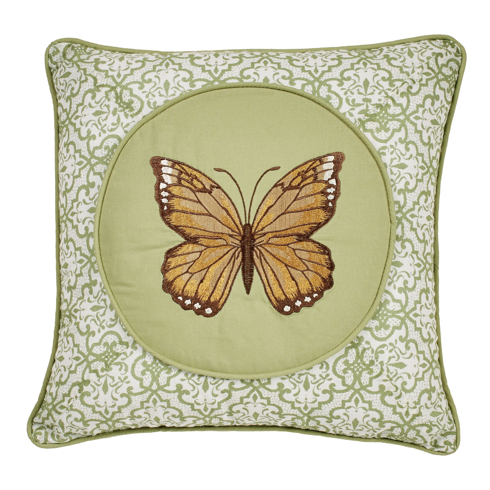 Butterfly Eden Embroidered Butterfly on Moss Green Pillow 16 Inches Square