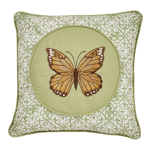 Butterfly Eden Embroidered Butterfly on Moss Green Pillow 16 Inches Square