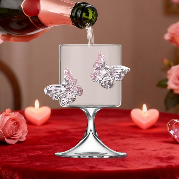 Butterfly-Embellished Stemmed Wine Glass, Hand-Blown Clear Glass Goblet, Romantic Valentine's Day Drinkware for Wine & Juice,Glassware for Weddings Engagements Party Gifts.