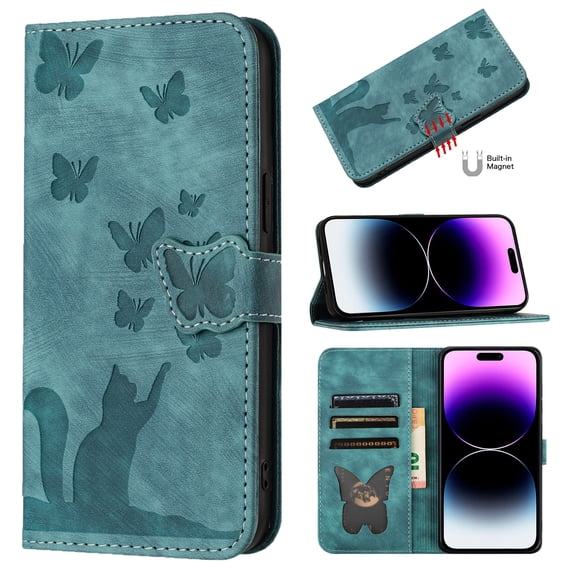 Butterfly Embossed Case For Samsung Galaxy A07 Slim Cat Patterned Leather Folio Cover Card Holder Kickstand, Cute Stylish Women Flip Case Magnetic Clasp Flip with Wrist Strap,Green