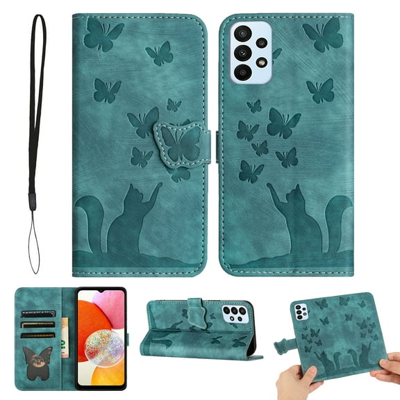 Butterfly Embossed Case for Samsung Galaxy A53 5G Slim Cat Patterned Leather Folio Cover Card Holder Kickstand, Cute Stylish Women Flip Case Magnetic Clasp Flip with Wrist Strap, Green