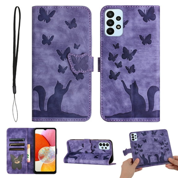 Butterfly Embossed Case for Samsung Galaxy A53 5G Slim Cat Patterned Leather Folio Cover Card Holder Kickstand, Cute Stylish Women Flip Case Magnetic Clasp Flip with Wrist Strap, Purple