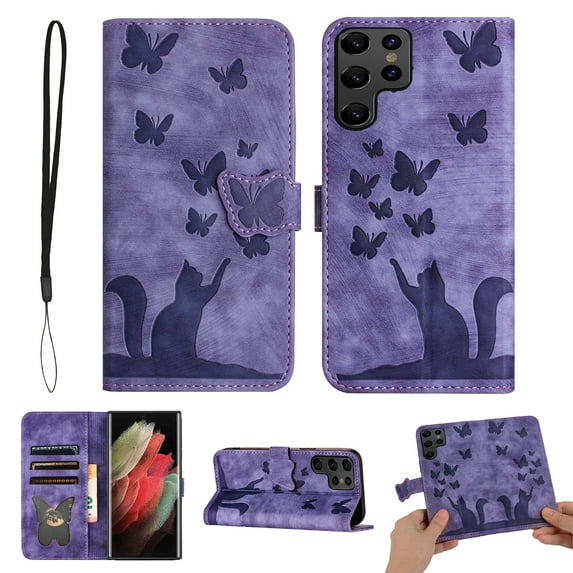 Butterfly Embossed Case for Samsung Galaxy S23 Ultra Slim Cat Patterned Leather Folio Cover Card Holder Kickstand, Cute Stylish Women Flip Case Magnetic Clasp Flip with Wrist Strap, Purple